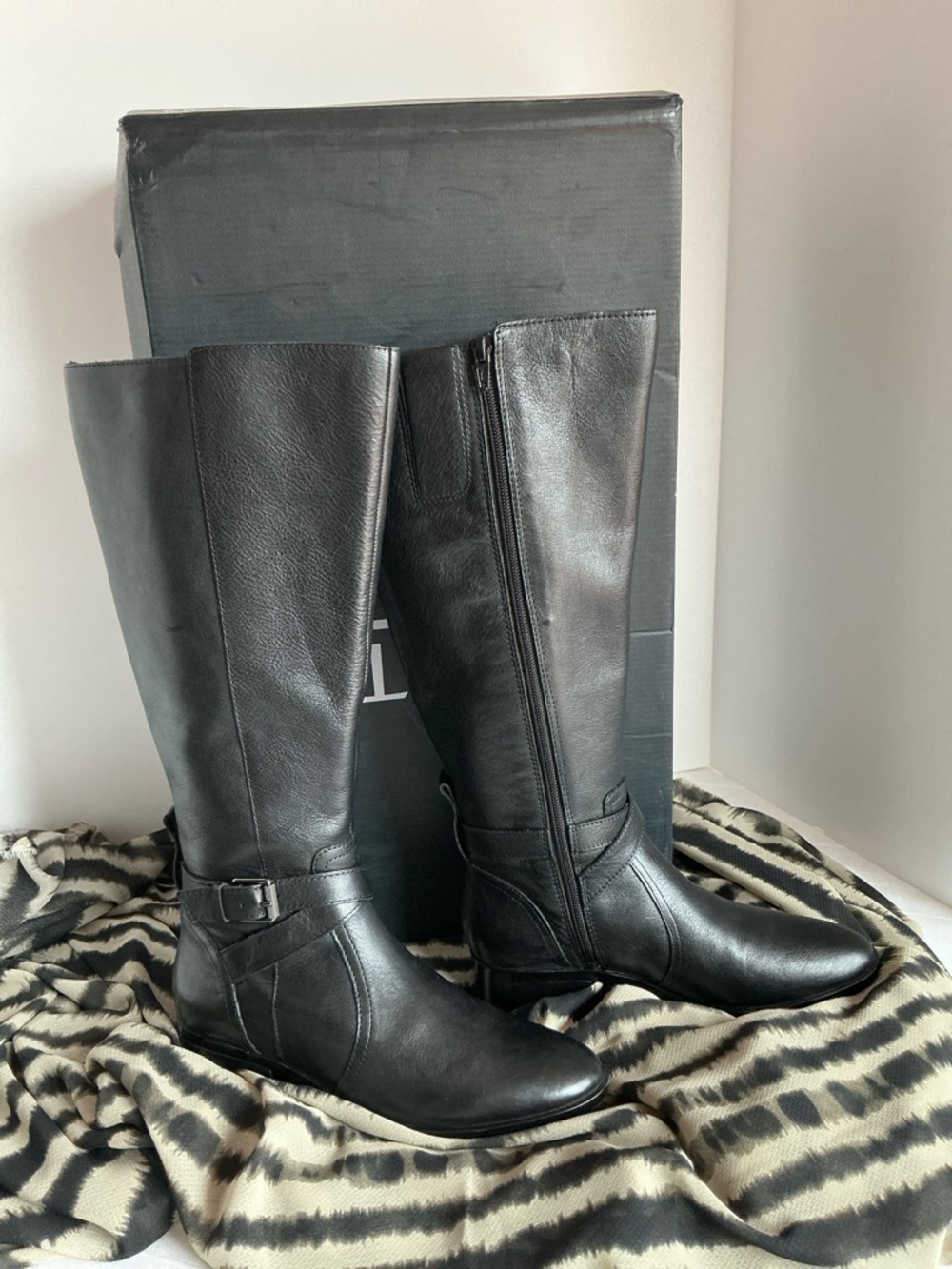 Naturalizer Black Leather Boots Rena Riding Wide Calf Zip Buckle Women's